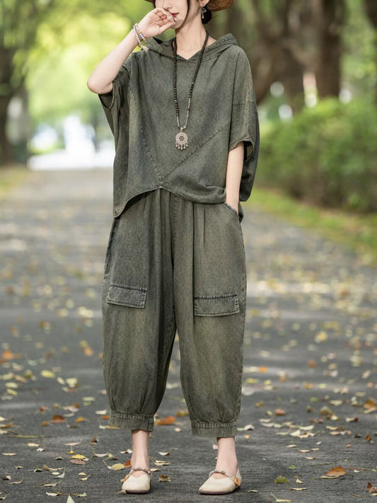 Retro Summer Denim Spliced Hooded Shirt+pants Aa1055