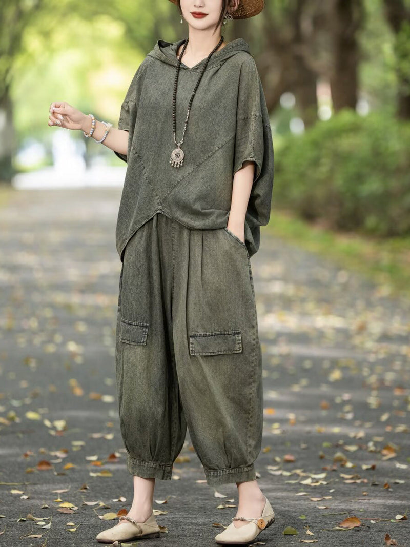 Retro Summer Denim Spliced Hooded Shirt+pants Aa1055