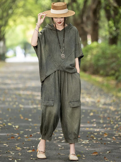 Retro Summer Denim Spliced Hooded Shirt+pants Aa1055