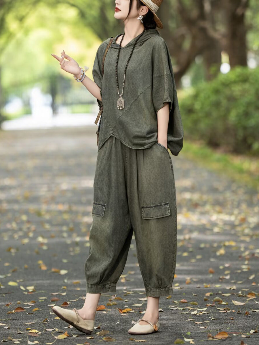 Retro Summer Denim Spliced Hooded Shirt+pants Aa1055