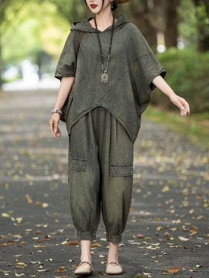 Retro Summer Denim Spliced Hooded Shirt+pants Aa1055