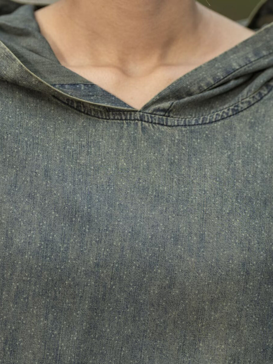 Retro Summer Denim Spliced Hooded Shirt+pants Aa1055