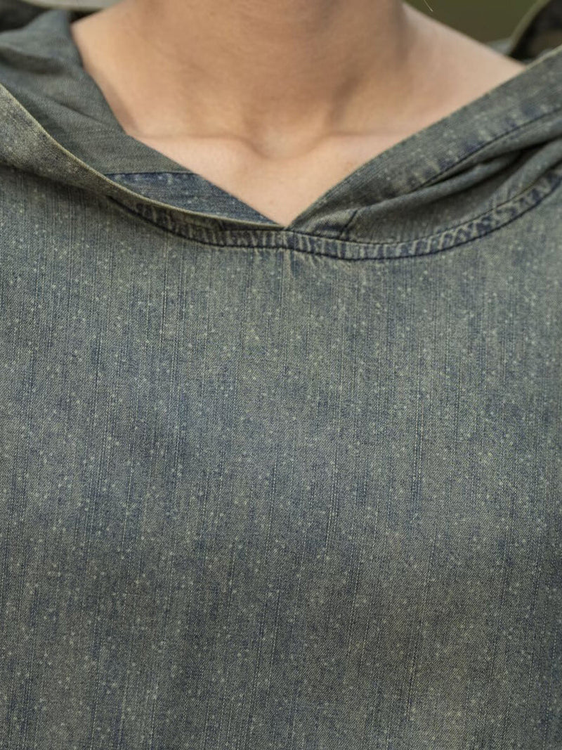 Retro Summer Denim Spliced Hooded Shirt+pants Aa1055