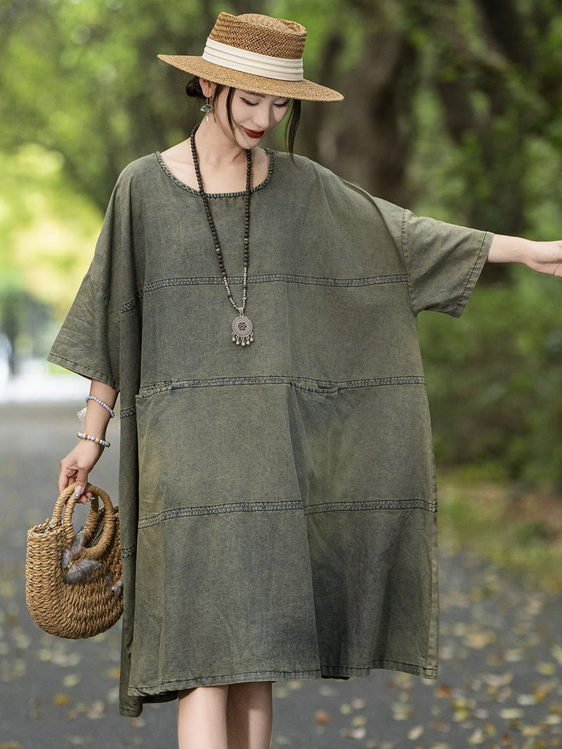 Summer Retro Spliced Denim Mini Dress Qw1035