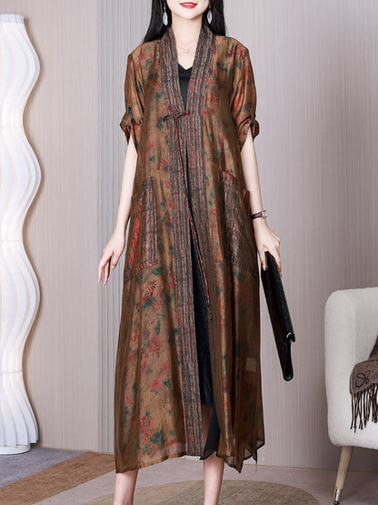 Summer Retro Spliced Silk Long Shirt Coat Qw1009