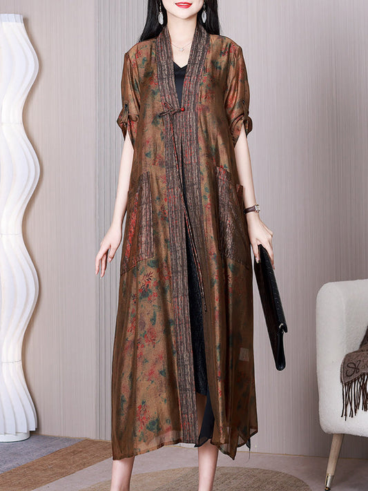 Summer Retro Spliced Silk Long Shirt Coat Qw1009