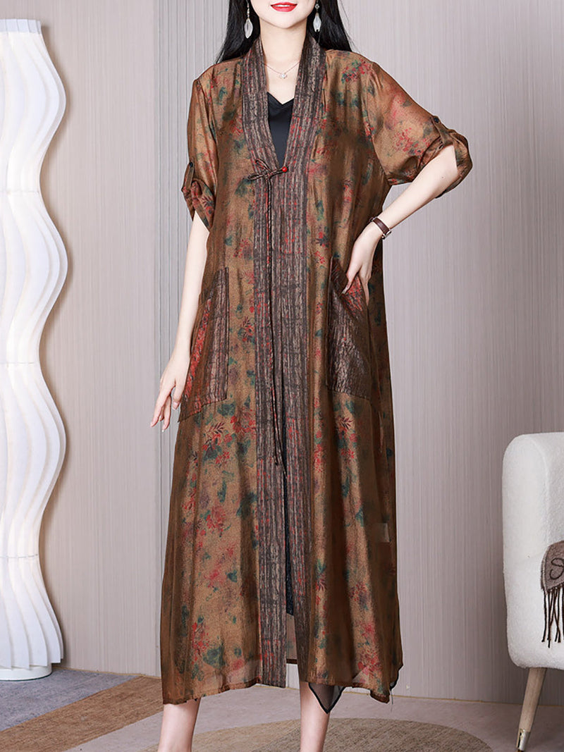 Summer Retro Spliced Silk Long Shirt Coat Qw1009
