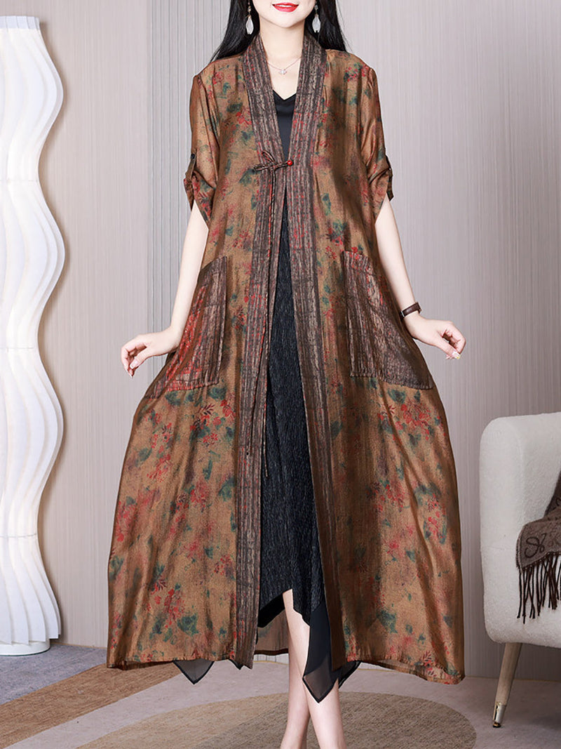 Summer Retro Spliced Silk Long Shirt Coat Qw1009