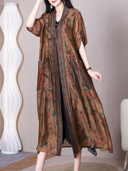 Summer Retro Spliced Silk Long Shirt Coat Qw1009