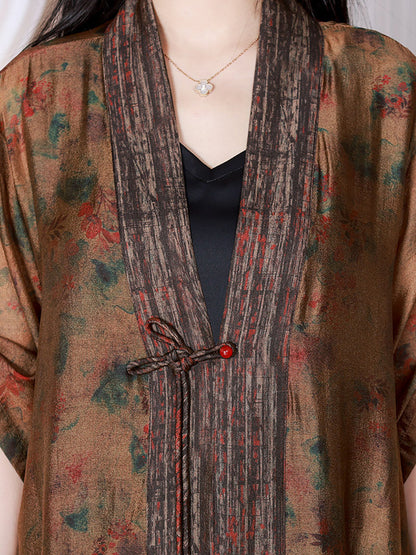 Summer Retro Spliced Silk Long Shirt Coat Qw1009