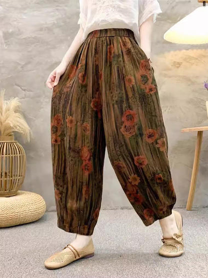 Retro Summer Flower Linen Harem Pants Qw1011