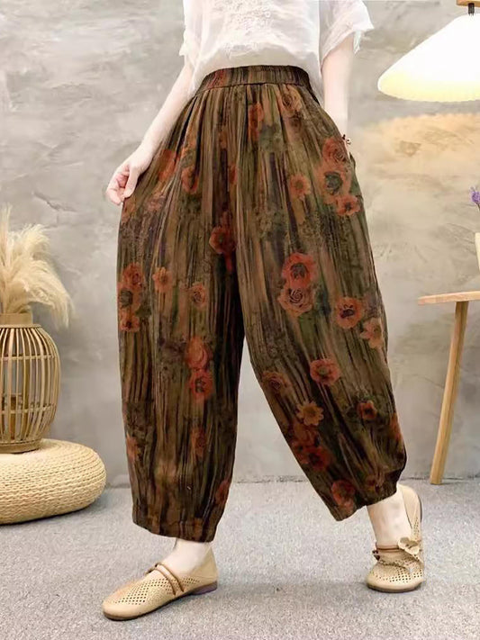 Retro Summer Flower Linen Harem Pants Qw1011