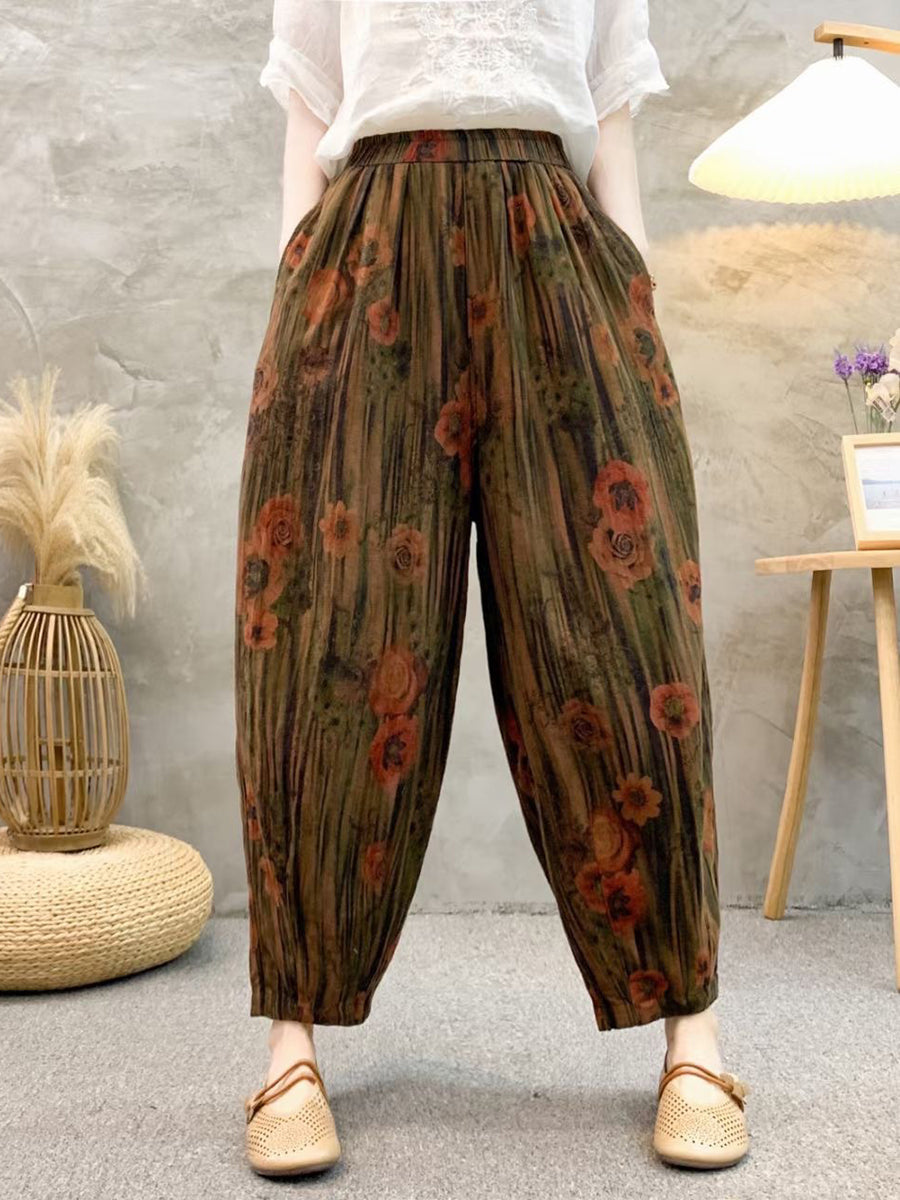 Retro Summer Flower Linen Harem Pants Qw1011