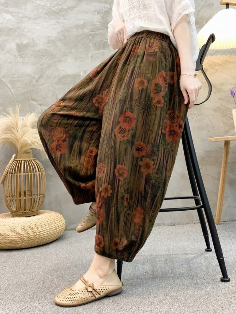 Retro Summer Flower Linen Harem Pants Qw1011