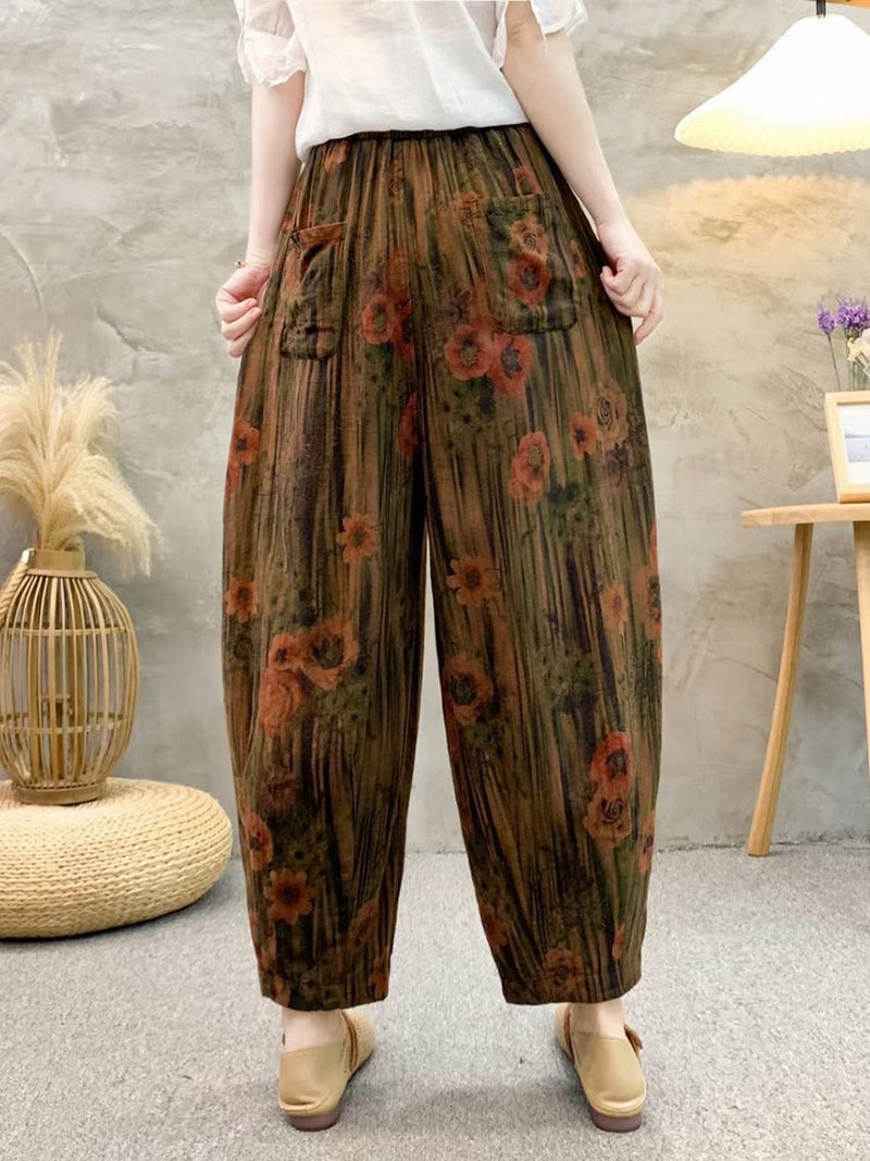 Retro Summer Flower Linen Harem Pants Qw1011