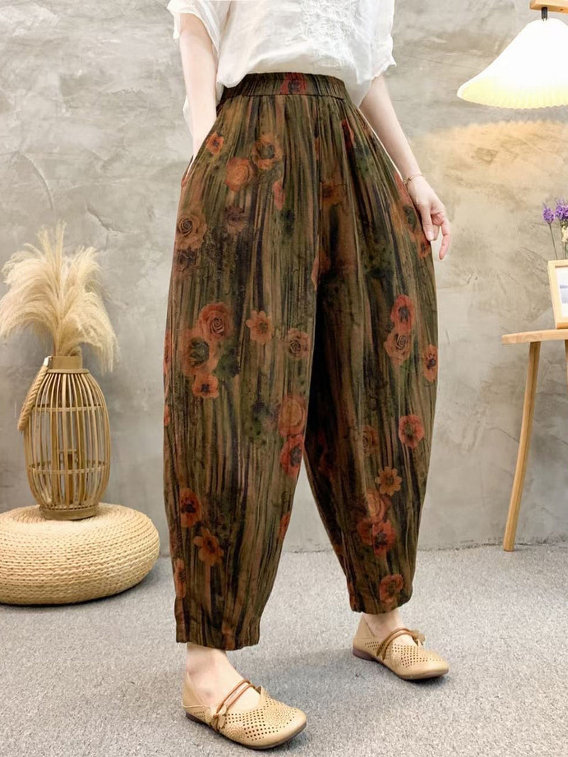 Retro Summer Flower Linen Harem Pants Qw1011