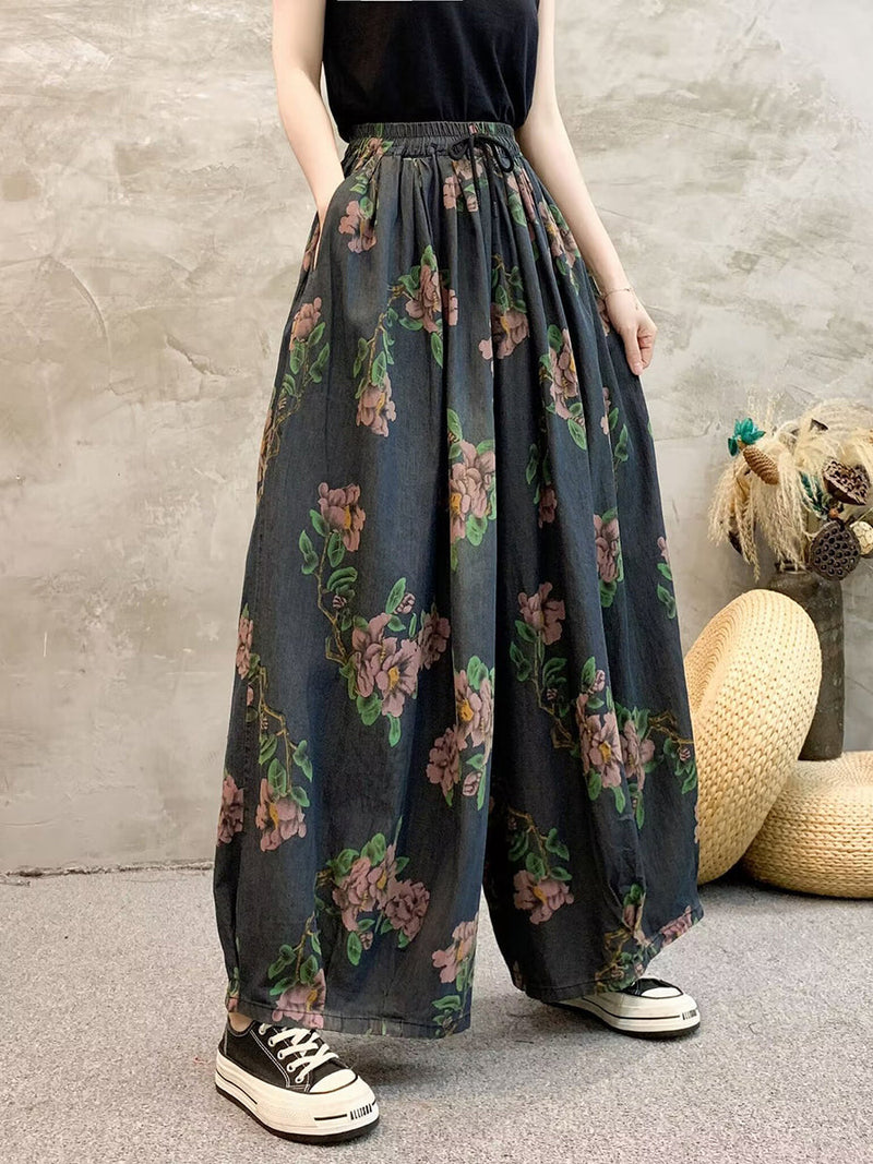Summer Flower Denim Wide-leg Pants Qw1013