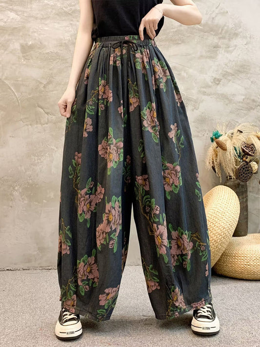 Summer Flower Denim Wide-leg Pants Qw1013