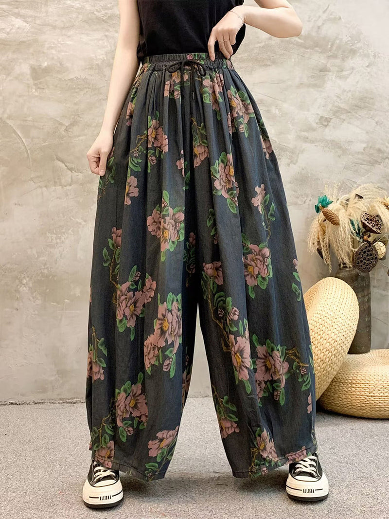 Summer Flower Denim Wide-leg Pants Qw1013
