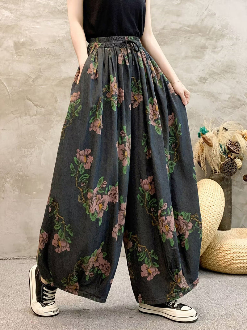 Summer Flower Denim Wide-leg Pants Qw1013