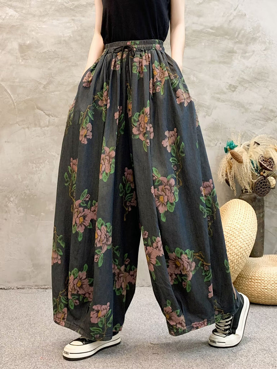 Summer Flower Denim Wide-leg Pants Qw1013