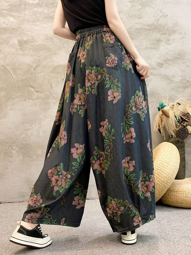Summer Flower Denim Wide-leg Pants Qw1013