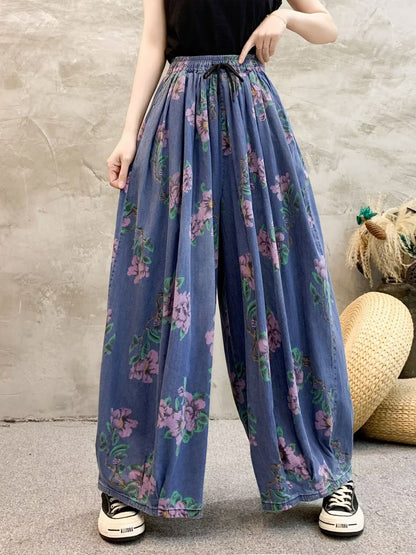 Summer Flower Denim Wide-leg Pants Qw1013