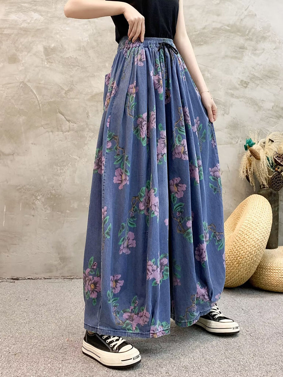 Summer Flower Denim Wide-leg Pants Qw1013