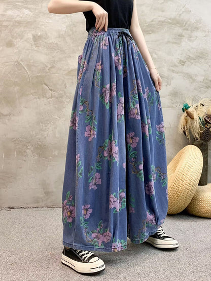 Summer Flower Denim Wide-leg Pants Qw1013