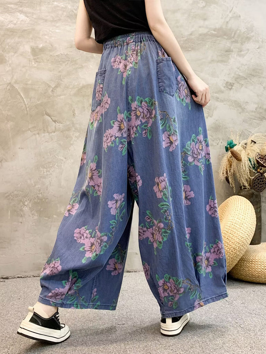 Summer Flower Denim Wide-leg Pants Qw1013