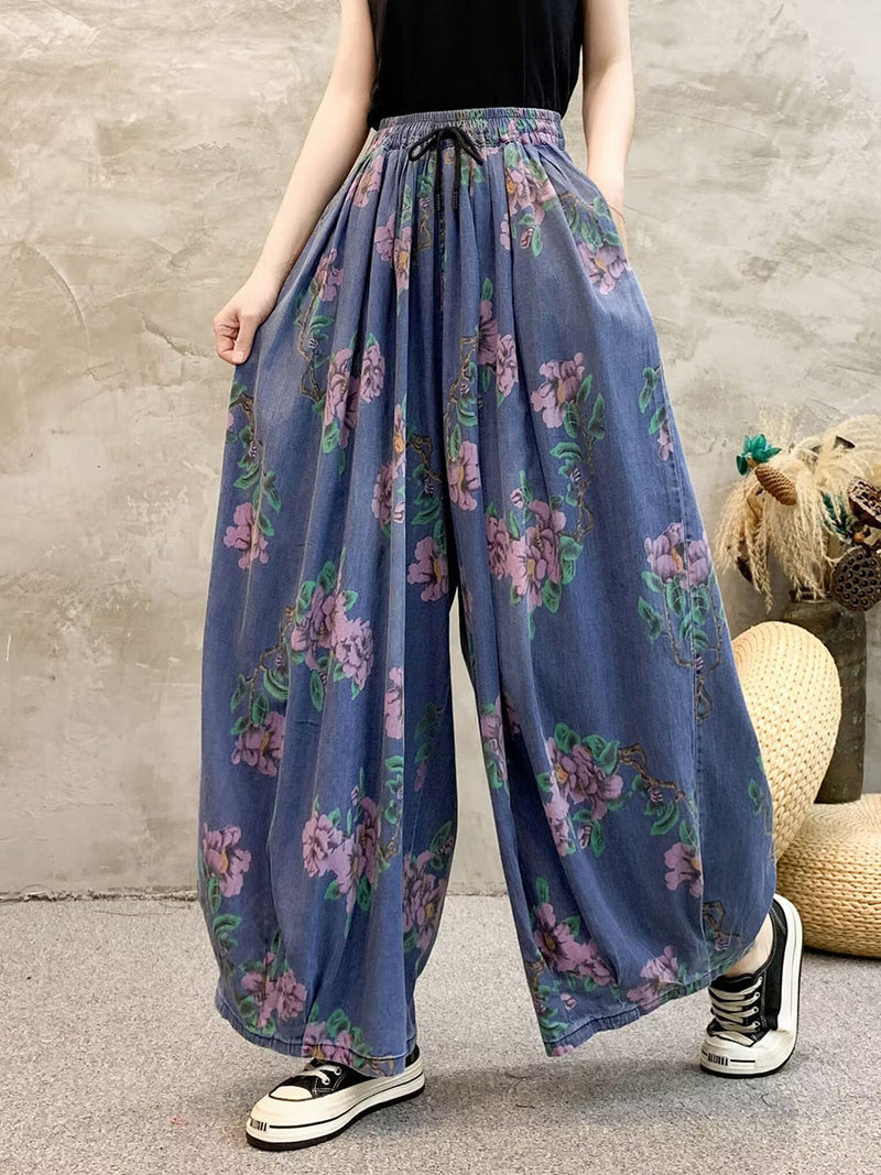 Summer Flower Denim Wide-leg Pants Qw1013