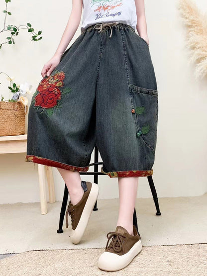 Summer Flower Embroidery Denim Pants Qw1024