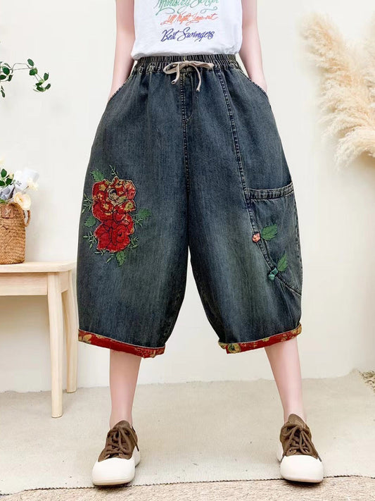 Summer Flower Embroidery Denim Pants Qw1024