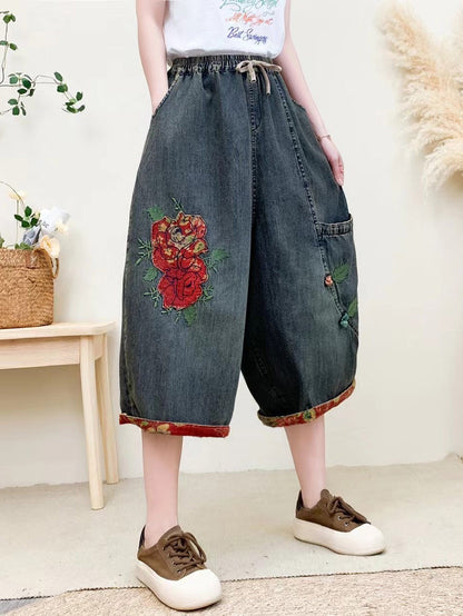 Summer Flower Embroidery Denim Pants Qw1024