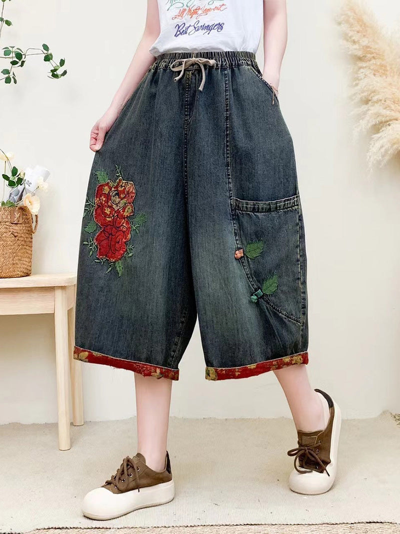 Summer Flower Embroidery Denim Pants Qw1024