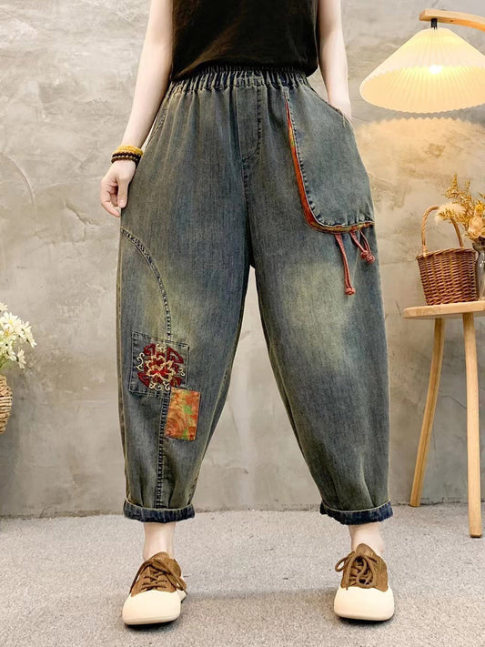 Retro Patch Embroidery Denim Harem Pants Qw1026