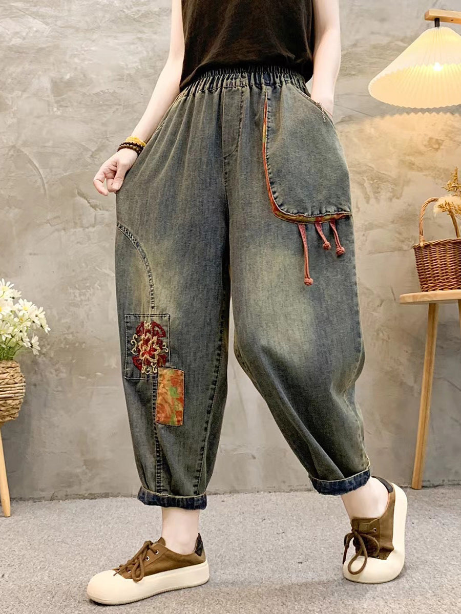 Retro Patch Embroidery Denim Harem Pants Qw1026