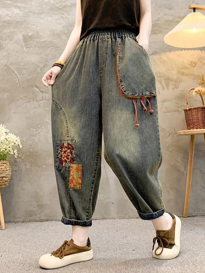 Retro Patch Embroidery Denim Harem Pants Qw1026