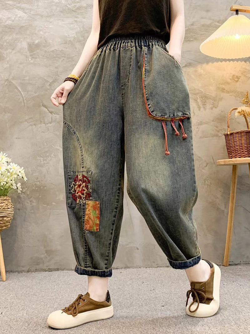 Retro Patch Embroidery Denim Harem Pants Qw1026