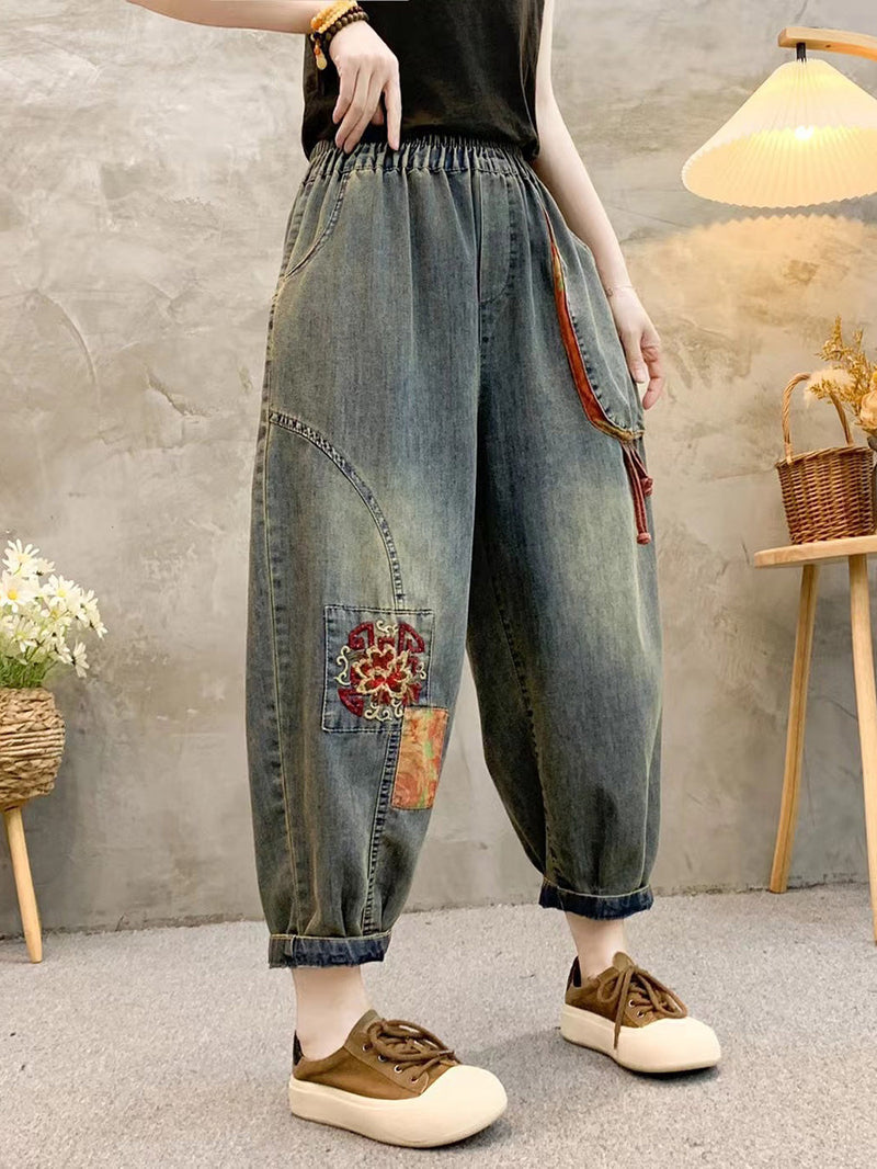 Retro Patch Embroidery Denim Harem Pants Qw1026