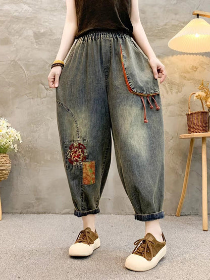 Retro Patch Embroidery Denim Harem Pants Qw1026