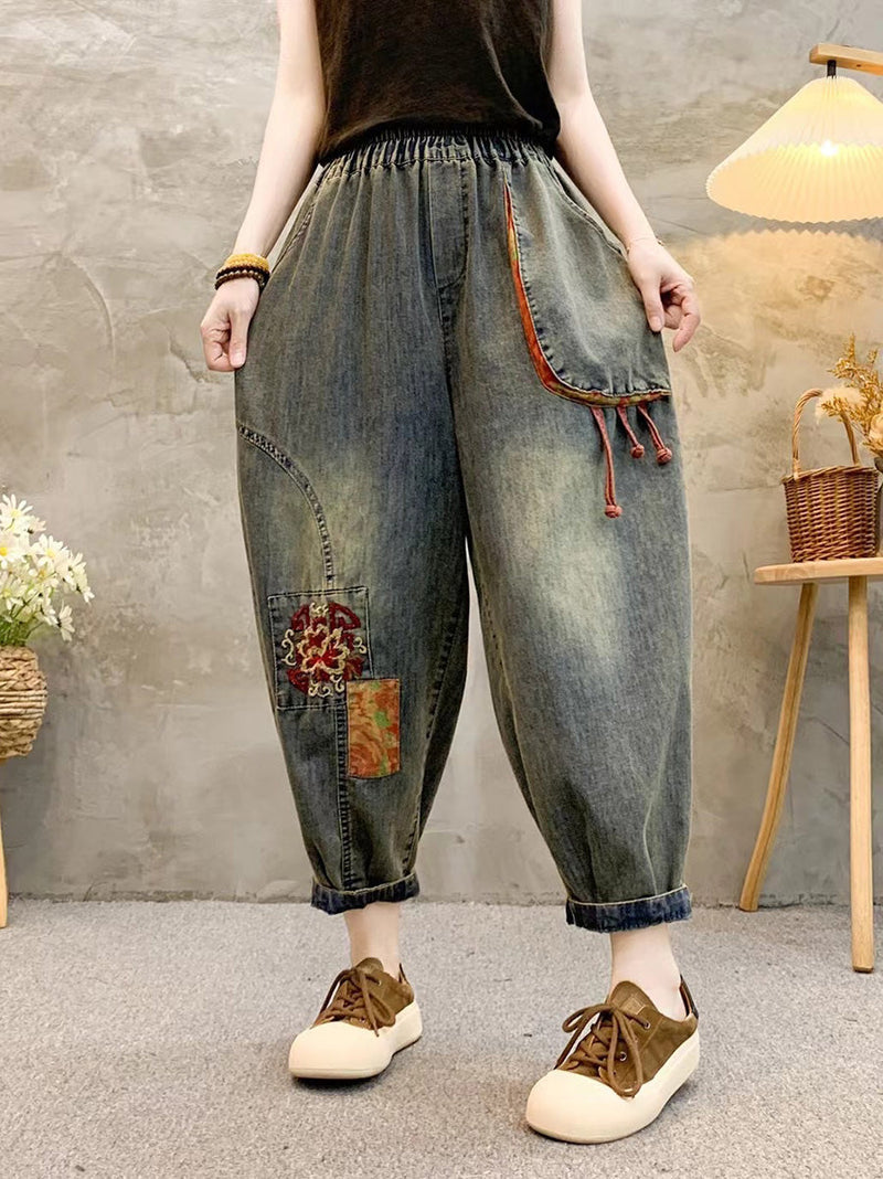 Retro Patch Embroidery Denim Harem Pants Qw1026