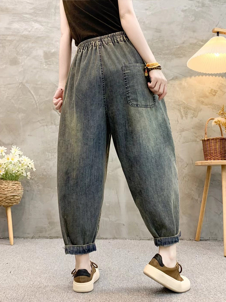 Retro Patch Embroidery Denim Harem Pants Qw1026