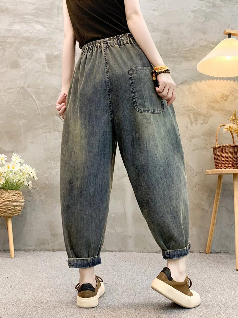 Retro Patch Embroidery Denim Harem Pants Qw1026
