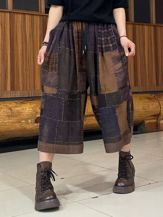 Summer Retro Spliced Linen Calf-length Pants Ty1039