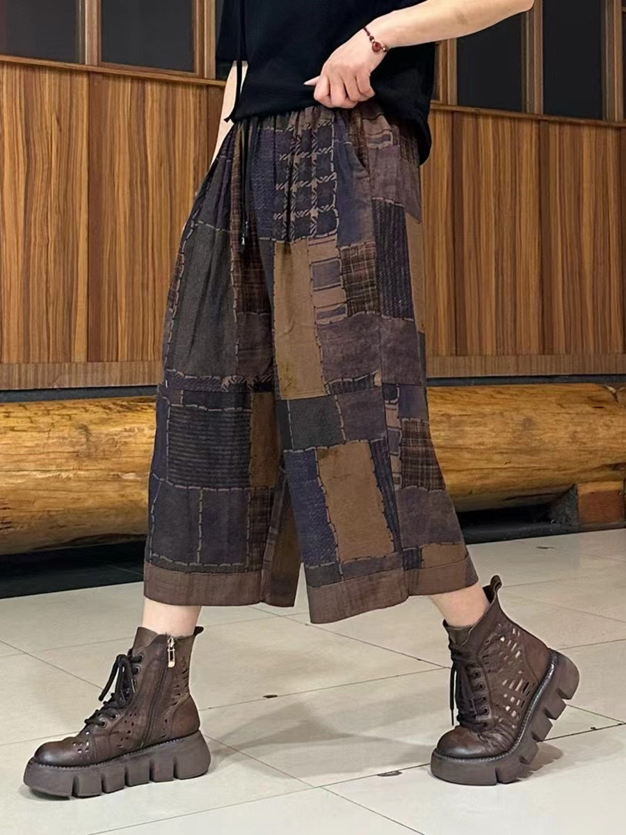 Summer Retro Spliced Linen Calf-length Pants Ty1039