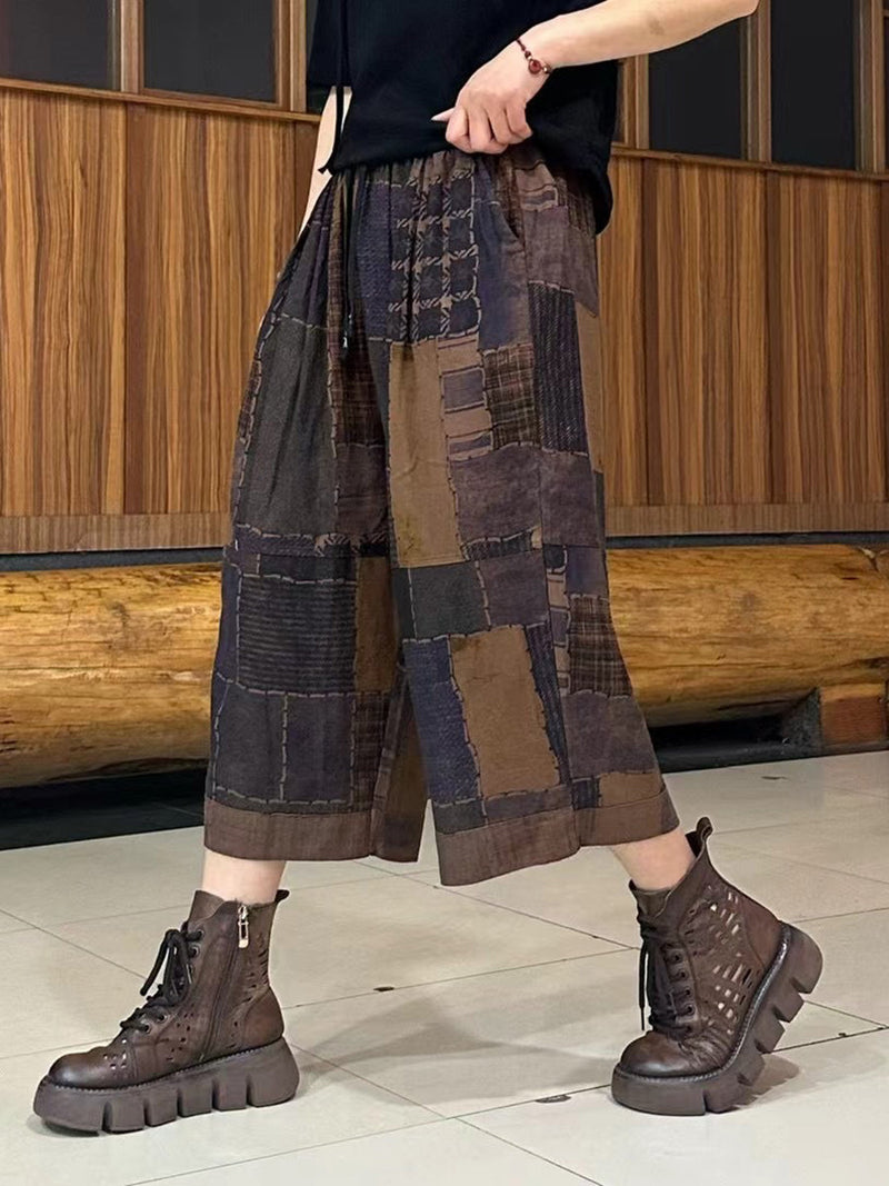 Summer Retro Spliced Linen Calf-length Pants Ty1039