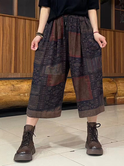 Summer Retro Spliced Linen Calf-length Pants Ty1039