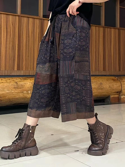 Summer Retro Spliced Linen Calf-length Pants Ty1039