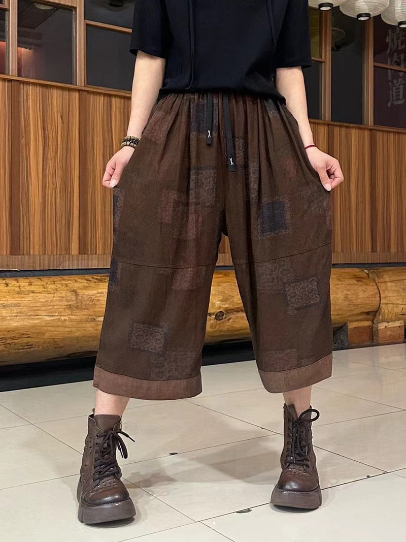 Summer Retro Spliced Linen Calf-length Pants Ty1039